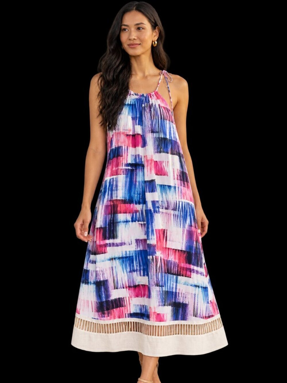 Sachin + Babi Sonora Dress M Watercolor Print Ladder Lace Midi Resort
